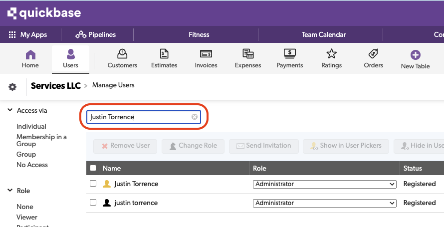 Changing a user's role in quickbase apps. Search for the user.