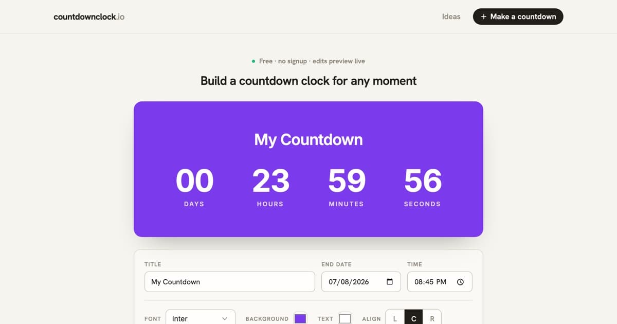 Screenshot of countdownclock.io