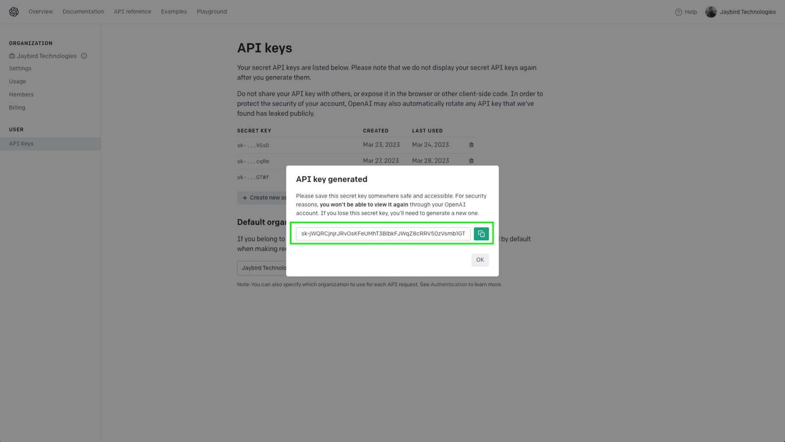 Copy your new secret key before closing the dialog