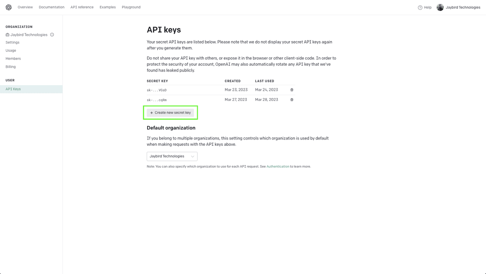 Click the Create new secret key button